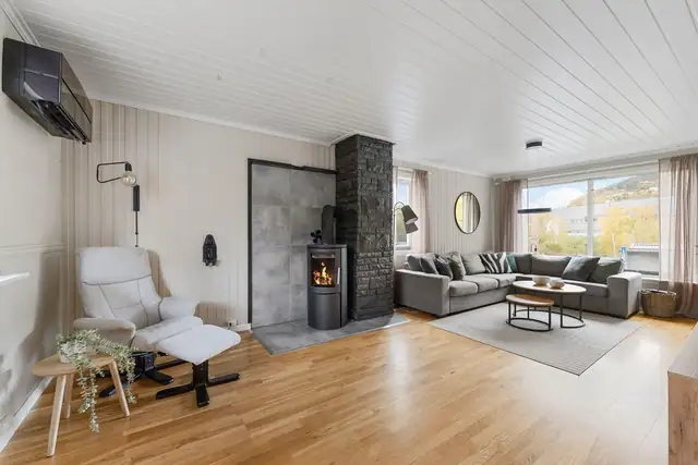 Flere store vindusflater slipper inn rikelig med naturlig lys og gir rommet en lys og luftig atmosfære.