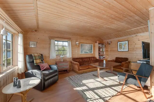 Panelkledd stue med flere store vindusflater som slipper inn godt med naturlig lys.